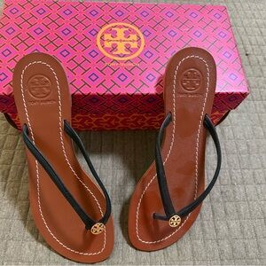 Tory Burch Black and Brown Sandals with Signature Style. New with Box